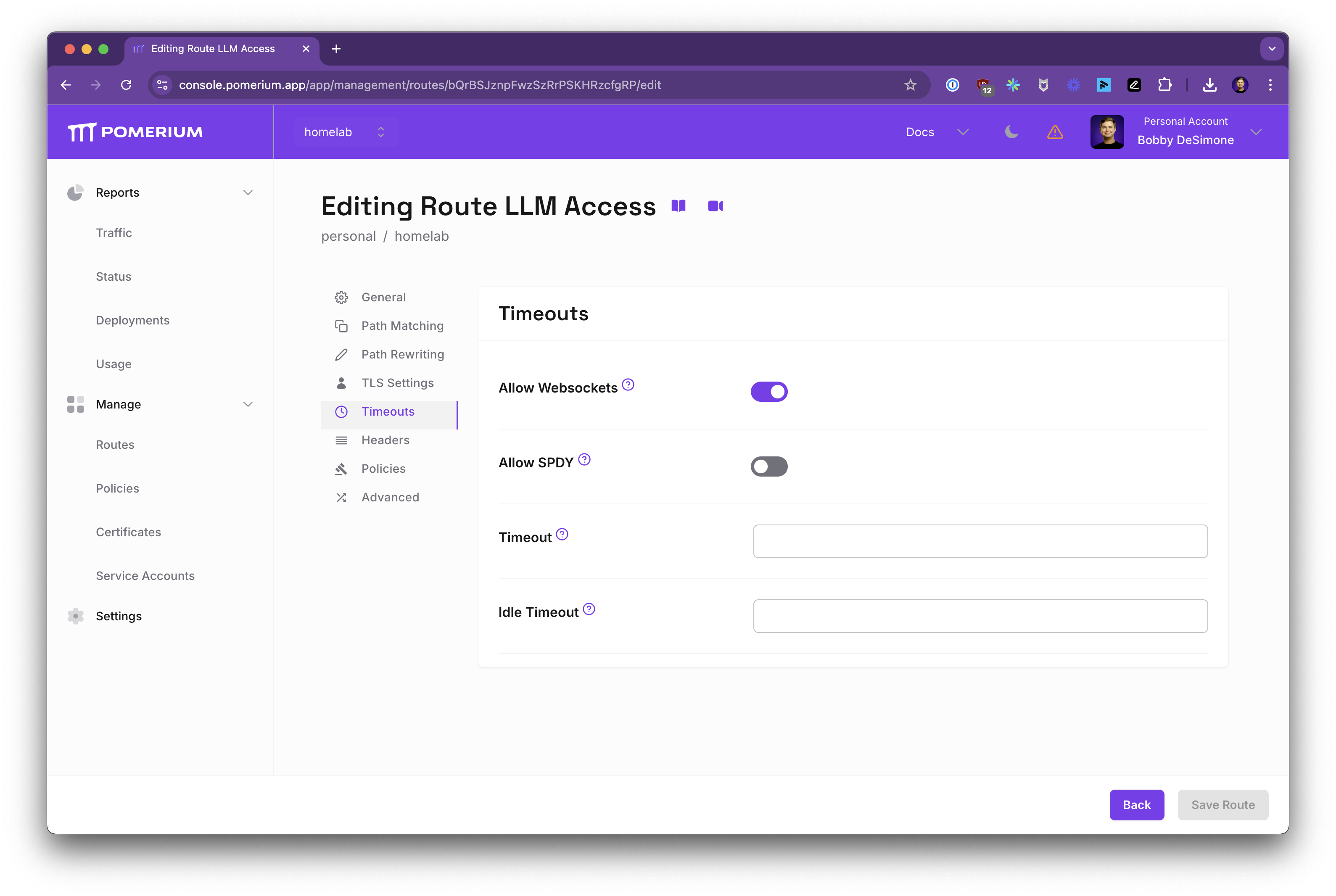 Screenshot of Pomerium Timeouts configuration with Allow Websockets enabled