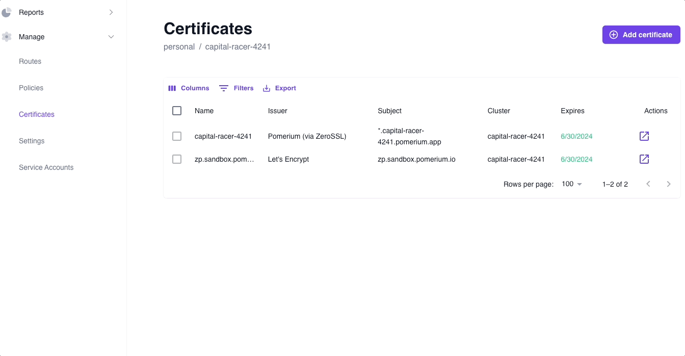 Review certificate details in the Certificate dashboard in the Zero Console