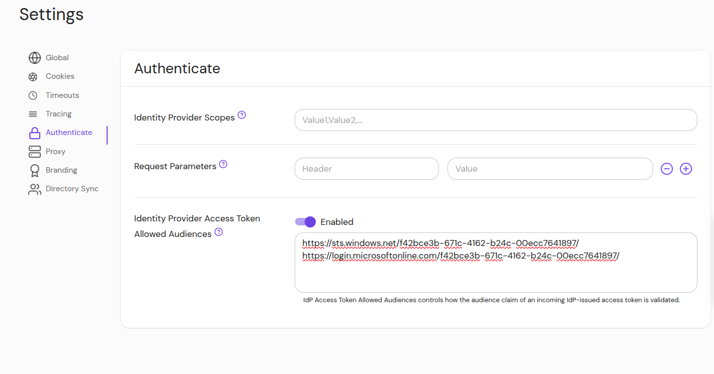 Set IdP Access Token Allowed Audiences in the Console