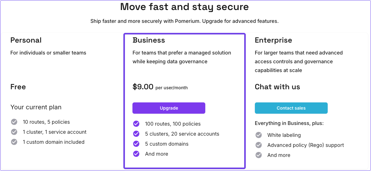 Selecting a plan in the Pomerium Zero pay wall